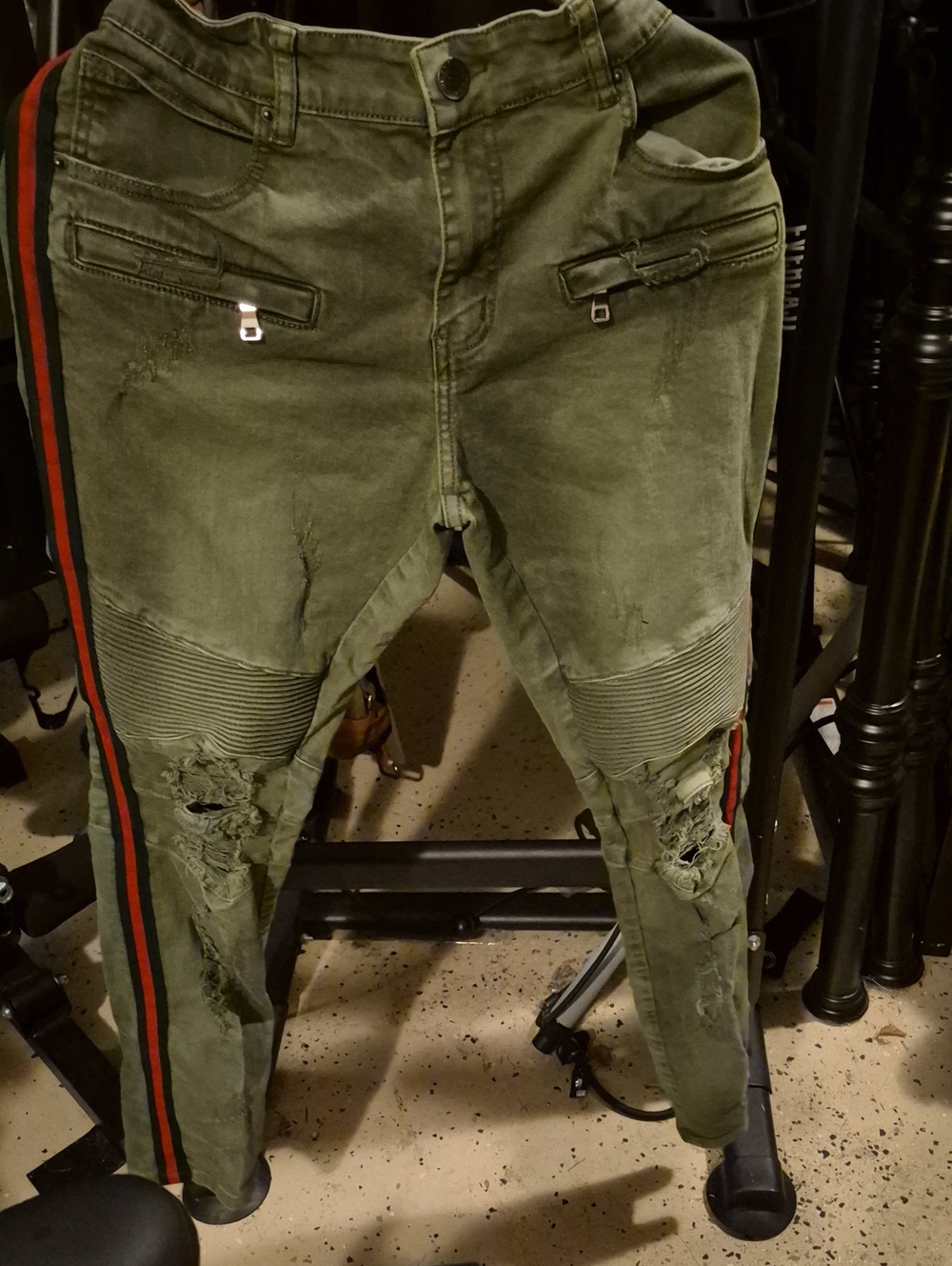 Men's Olive Green Distressed Moto Jeans with Red-Black Side Stripe